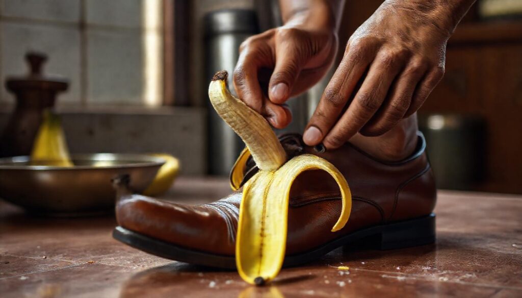 banana peel polishing leather shoes in Indian kitchen
