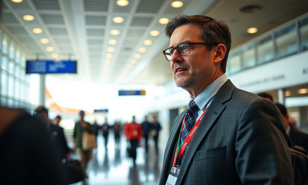 Canadian Trade Commissioner John Smith speaking at the airport in New Delhi
