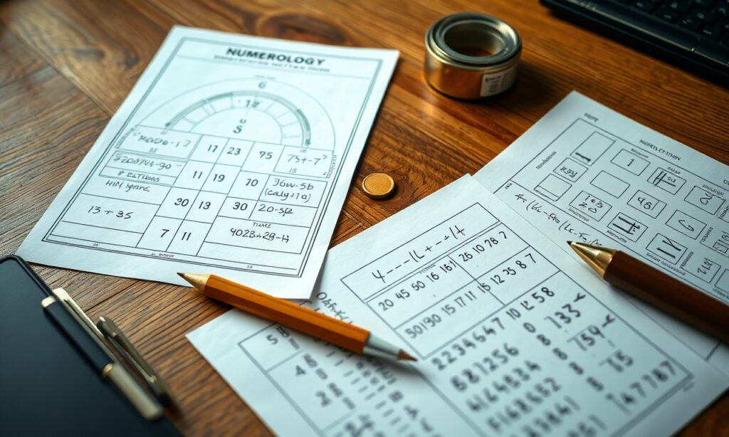 numerology charts and handwritten calculations on wooden desk