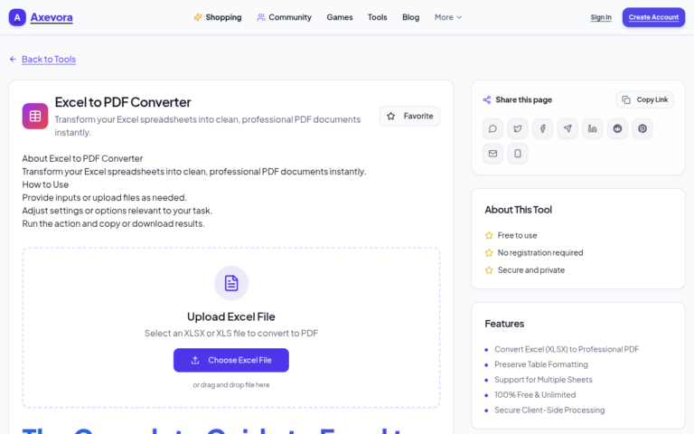 Axevora Excel to PDF online tool interface