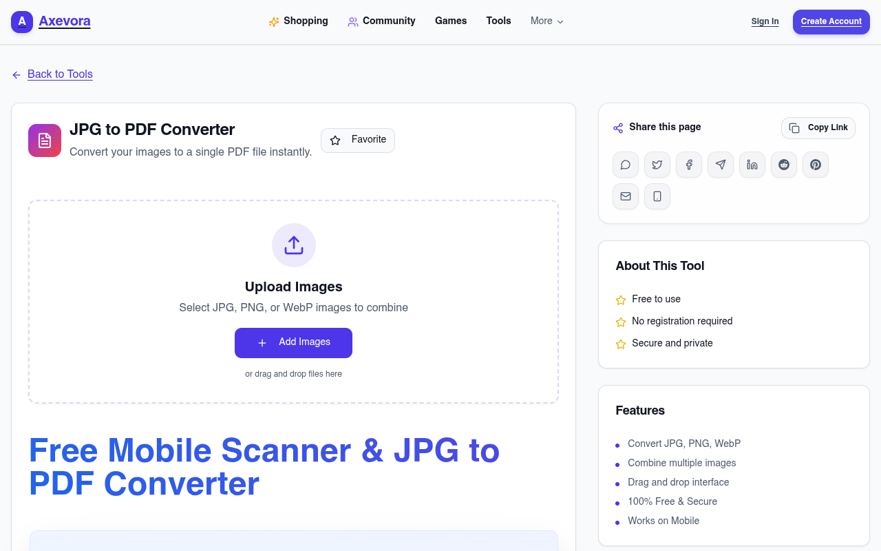 Axevora JPG to PDF online tool interface